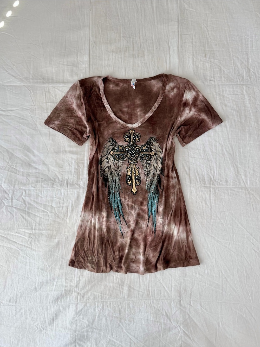 Y2K Cyber Grunge Rhinestone Cross w/ Wings Brown Mineral Wash Graphic Tee Size M